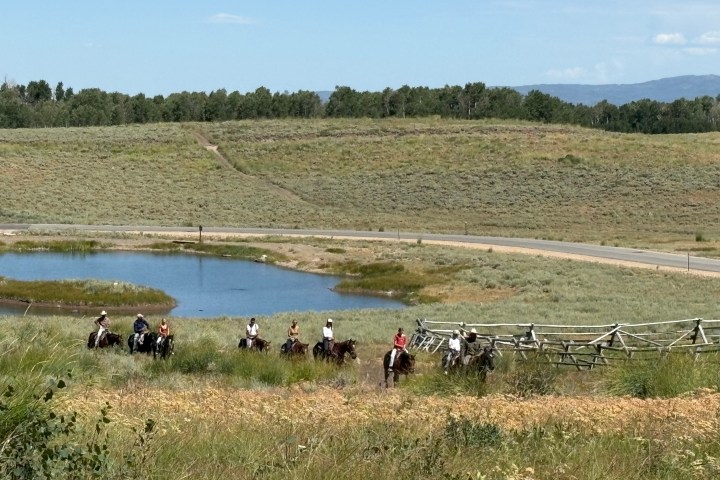 Group of people horseback riding near a pond in a grassy landscape.
